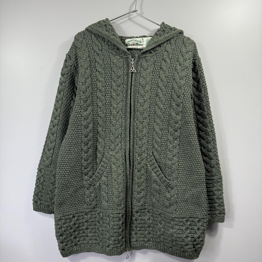 Aran Crafts Sweater Womens XL Green Hooded Merino Wool Zip Cable Knit Ireland